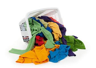 Image showing Bright clothes falling out of a laundry basket