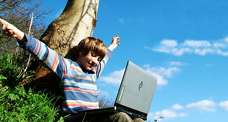 Image showing Yes! (child with notebook sit blue sky)