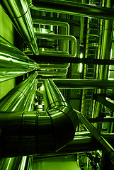 Image showing Industrial zone, Steel pipelines in green tones  