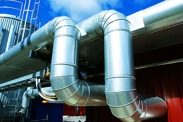 Image showing Industrial zone, Steel pipelines in blue tones  