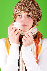 Image showing  woman with handkerchief and thermometer