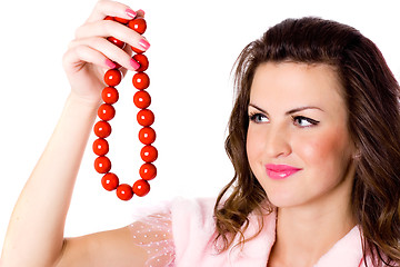 Image showing  attractive brunet woman with red beads