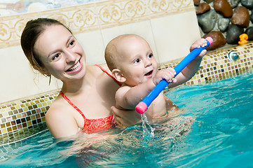 Image showing  mother and baby in swimming pool