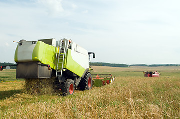 Image showing Two working harvesting combines