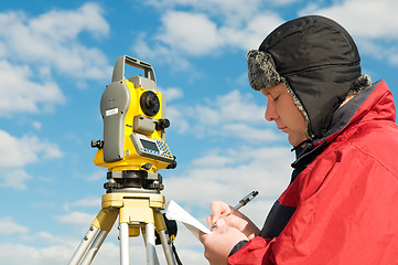 Image showing surveyor works with theodolite