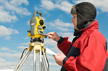 Image showing surveyor works with theodolite