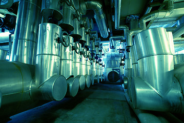 Image showing Industrial zone, Steel pipelines in blue tones  