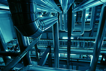 Image showing Industrial zone, Steel pipelines in blue tones  