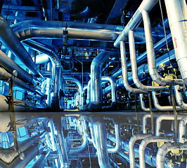 Image showing Industrial zone, Steel pipelines in blue tones with reflection