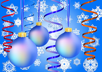 Image showing Three blue christmas-balls on snow background