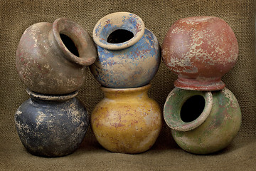 Image showing six clay plant pots with grunge finish