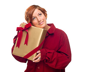 Image showing Pretty Red Haired Girl with Wrapped Gift Isolated