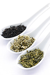 Image showing Assortment of dry tea leaves in spoons