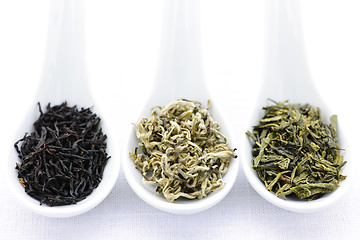 Image showing Assortment of dry tea leaves in spoons