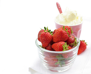 Image showing Bowl of strawberries with whipped cream