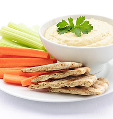 Image showing Hummus with pita bread and vegetables