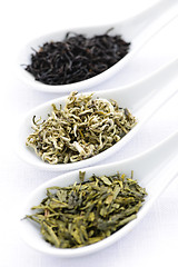 Image showing Assortment of dry tea leaves in spoons