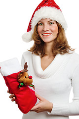 Image showing Portrait of the young woman with New Year's gifts, it is isolate