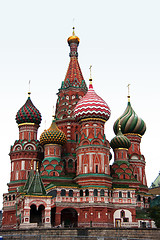 Image showing The towers of Saint Basil's Cathedral isolated against a light blue morning sky.