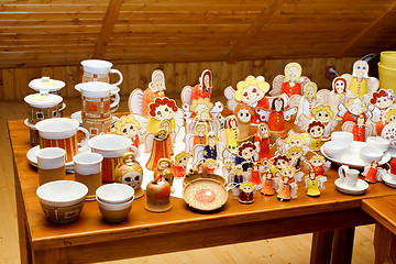 Image showing Hand-made ceramic Christmas decorations, angels and other figures