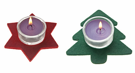 Image showing Red star and green pine tree  Christmas decorations with candles