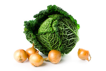 Image showing fresh savoy cabbage and five onions