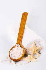 Image showing  sea salt on wooden spoon, towel and starfish