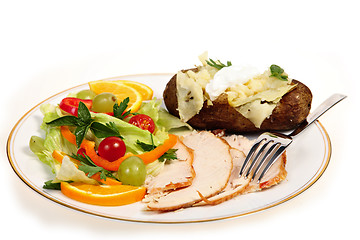 Image showing Sliced turkey and salad meal side view