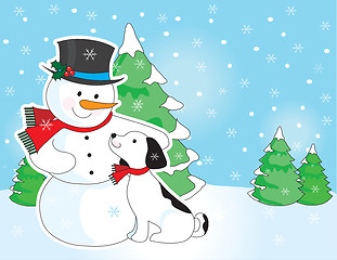 Image showing Snowman and Dog Scene