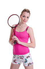 Image showing pretty girl with tennis racket on white