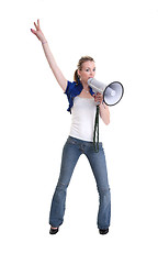 Image showing young woman wiht megaphone or bullhorn