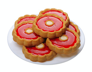 Image showing Cookies with red jelly on white plate, isolated