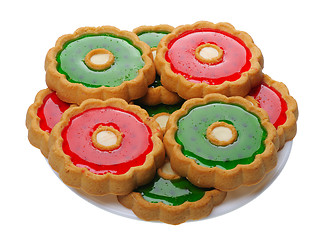 Image showing Cookies with red and green jelly on white plate, isolated