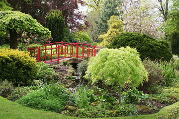Image showing A bridge over a pond in a beautiful English garden