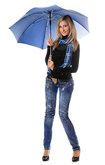 Image showing Beautiful young blonde with blue umbrella