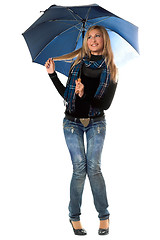 Image showing Beautiful playful blonde with blue umbrella