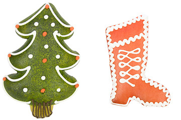 Image showing christmas tree and red boot from gingerbread,  x-mas cookies