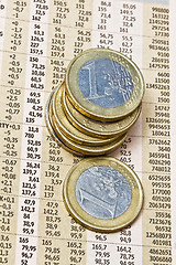 Image showing Euro coins on a financial newspaper