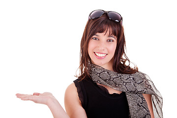 Image showing Happy Woman Showing Your Product