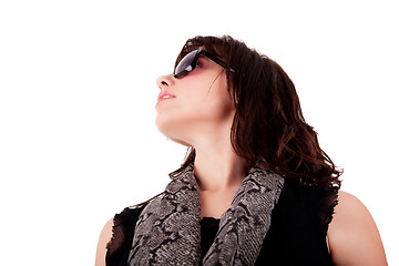 Image showing portrait of a young woman looking up with sunglasses