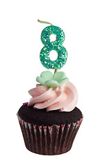 Image showing Mini cupcake with birthday candle for eight year old