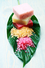 Image showing lovely fruity soaps and bath salt