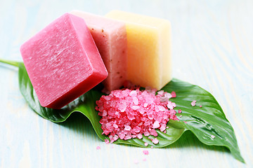 Image showing lovely fruity soaps and bath salt