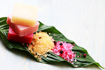 Image showing lovely fruity soaps and bath salt