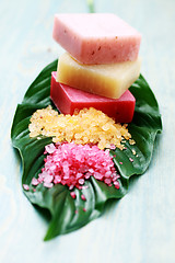 Image showing lovely fruity soaps and bath salt