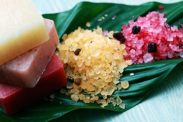 Image showing lovely fruity soaps and bath salt