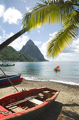 Image showing soufriere st. lucia twin piton mountain peaks with fishing boat 