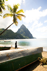 Image showing soufriere st. lucia twin piton mountain peaks with fishing boat 