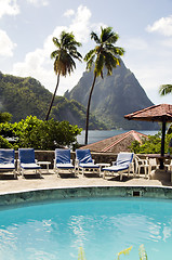 Image showing swimming pool view of piton mountains  Caribbean Sea Soufriere S