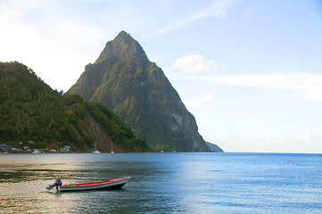 Image showing soufriere st. lucia twin piton mountain peaks with fishing boat 